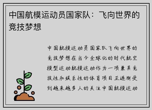 中国航模运动员国家队：飞向世界的竞技梦想